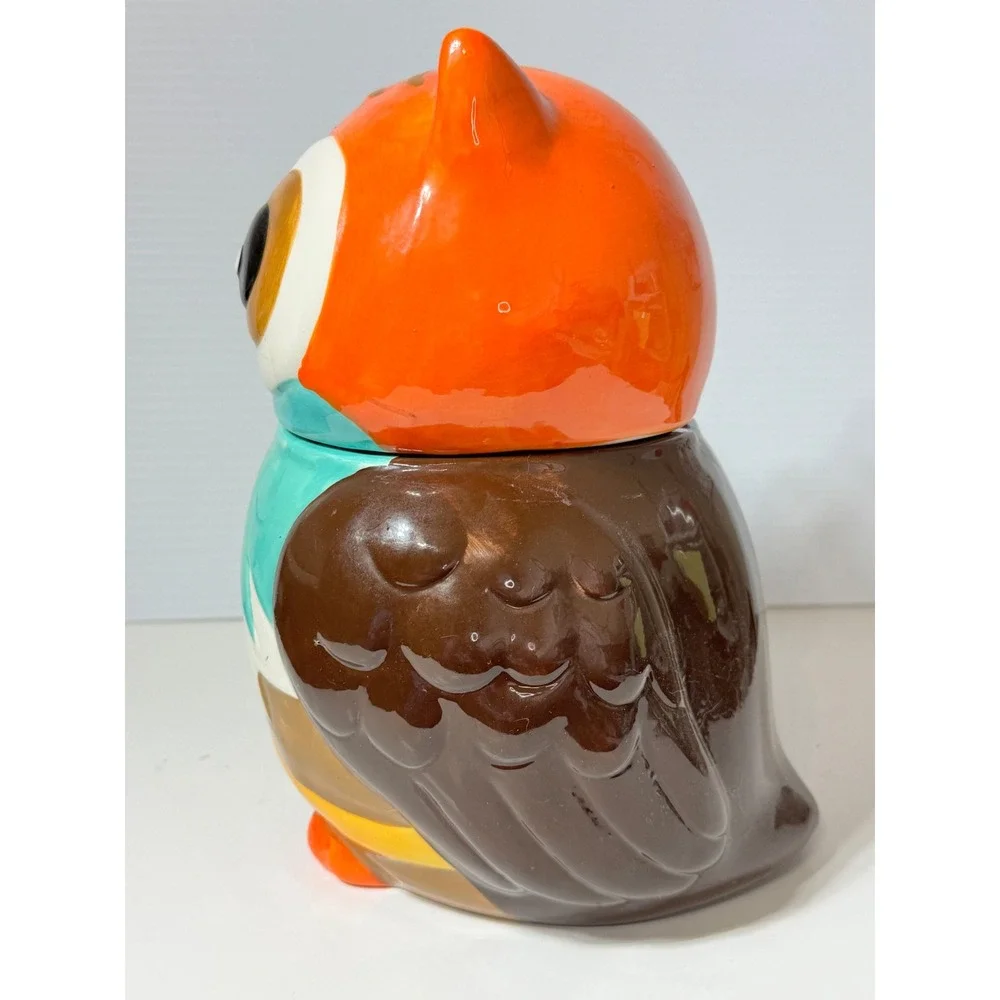 Ceramic Owl Cookie Jar Orange Brown Teal Glossy Fall Decor 9.75in H